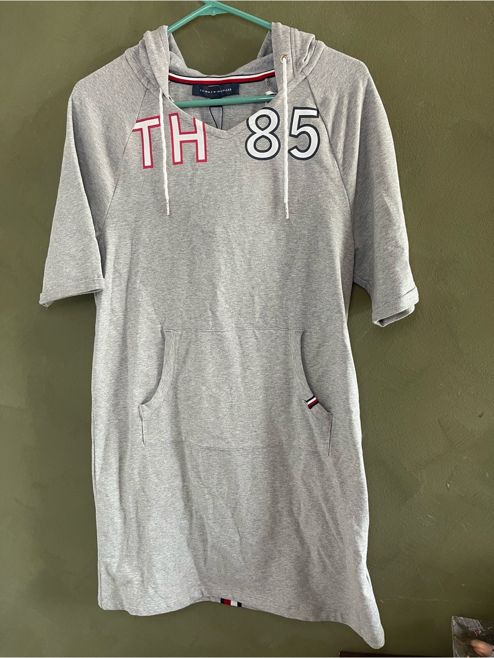Tommy Hilfiger Light Gray Hoodie Dress with Red and Navy Accents Size M